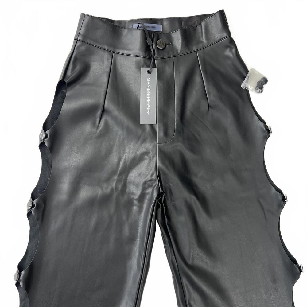 Maniere De Voir Vegan Leather Pants Womens 2 Black Cut Out High Waist NWT - Picture 4 of 9